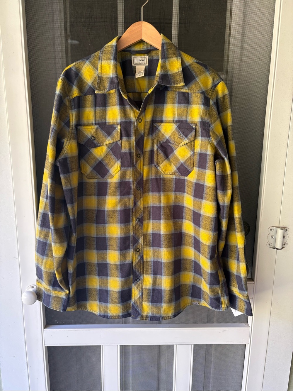 L.L. Bean Yellow and Navy  Plaid Flannel Button-Down Shirt with snap closure